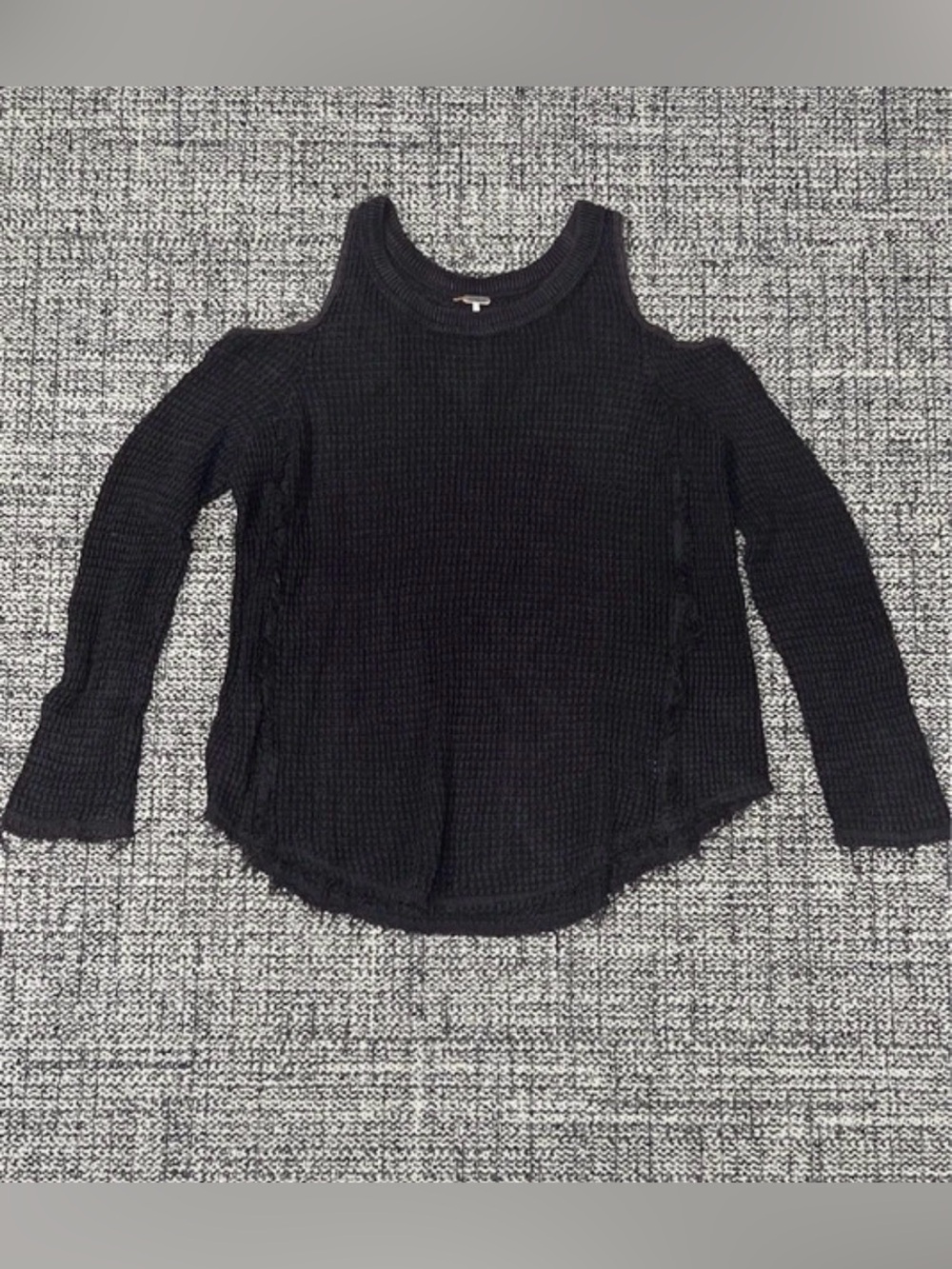 Free People Black Cold-Shoulder Waffle Knit Pullover